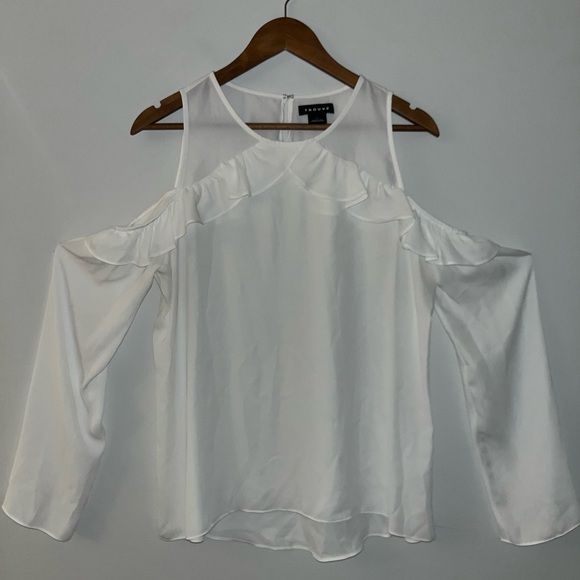 Trouve Womens Top - Large, Long Sleeve Ruffle Cold Shoulder Scoop Neck White - Picture 7 of 7